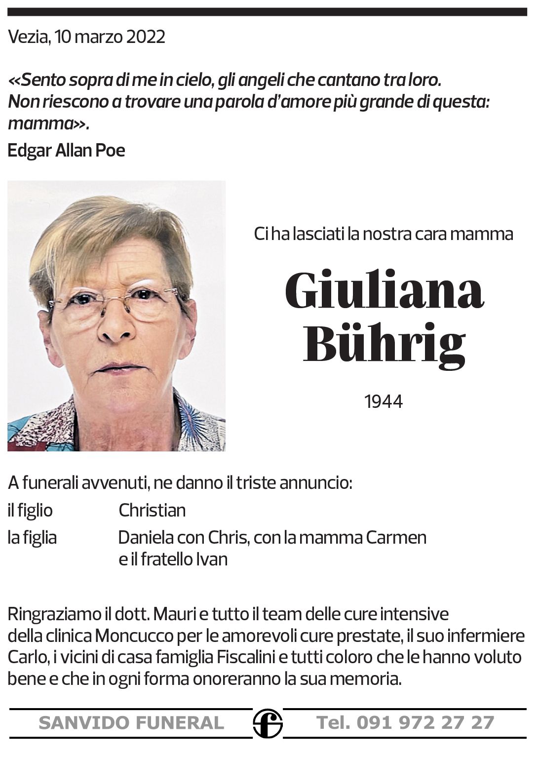 Annuncio funebre Giuliana Bührig