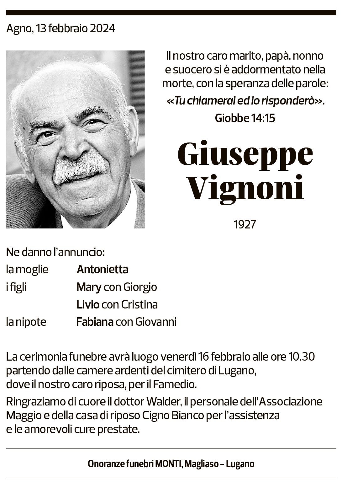 Annuncio funebre Giuseppe Vignoni