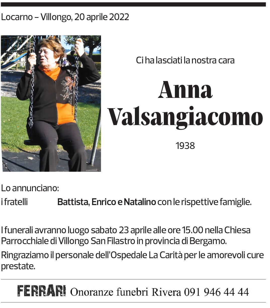 Annuncio funebre Anna Valsangiacomo