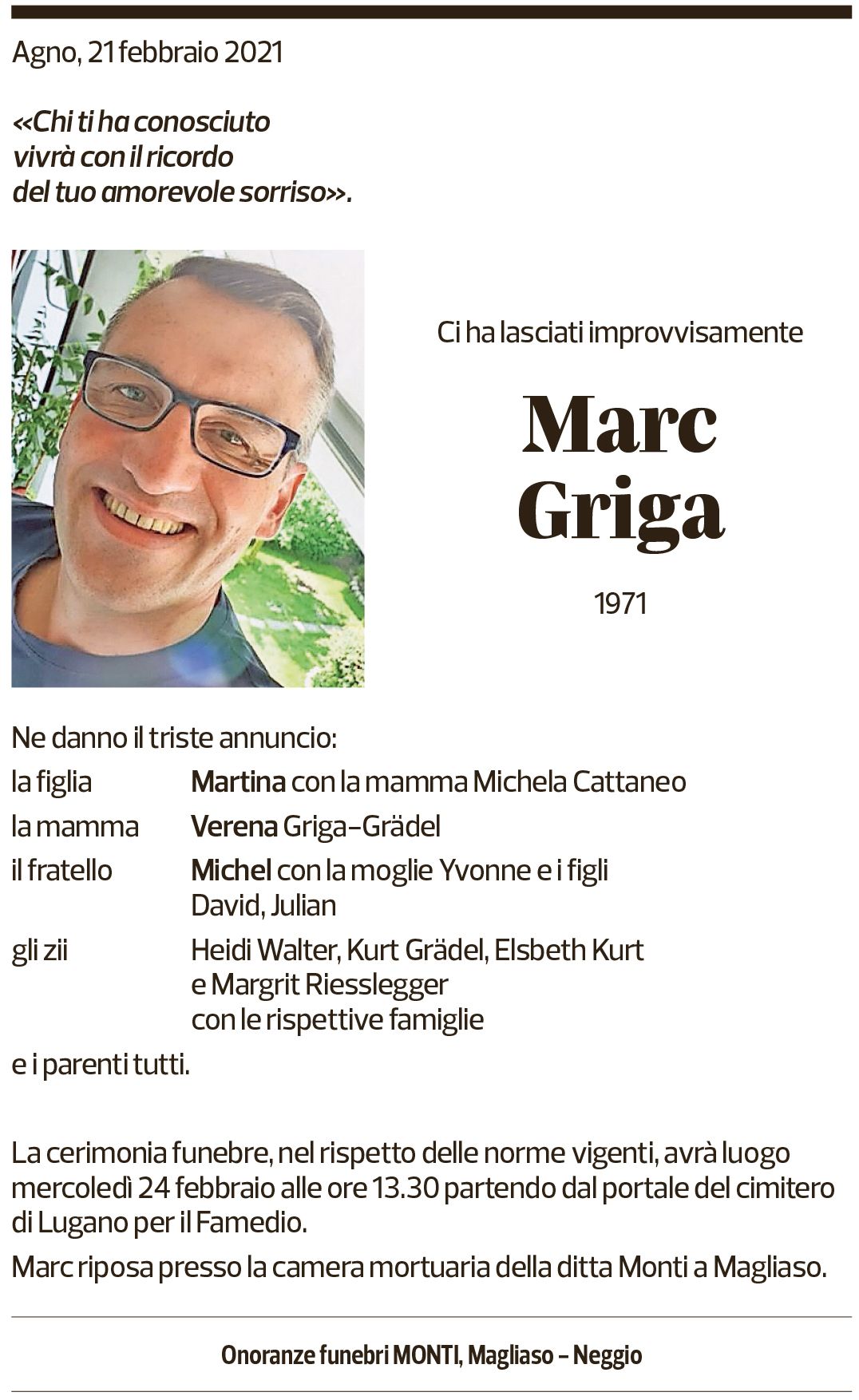 Annuncio funebre Marc Griga