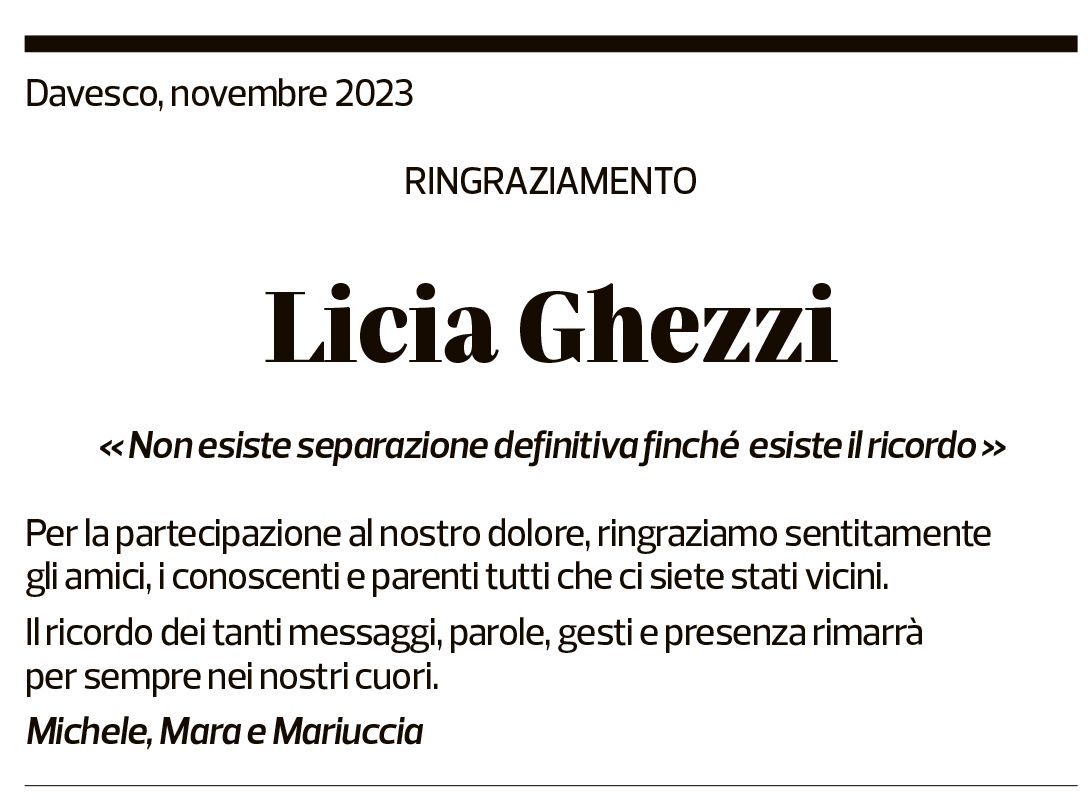 Annuncio funebre Licia Ghezzi