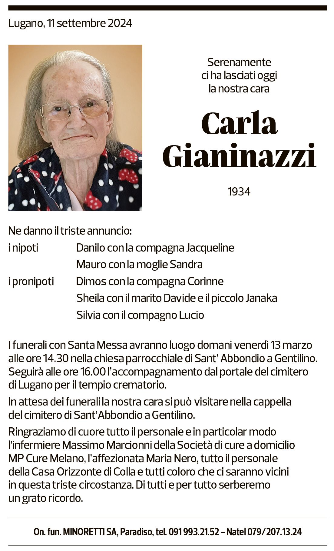 Annuncio funebre Carla Gianinazzi