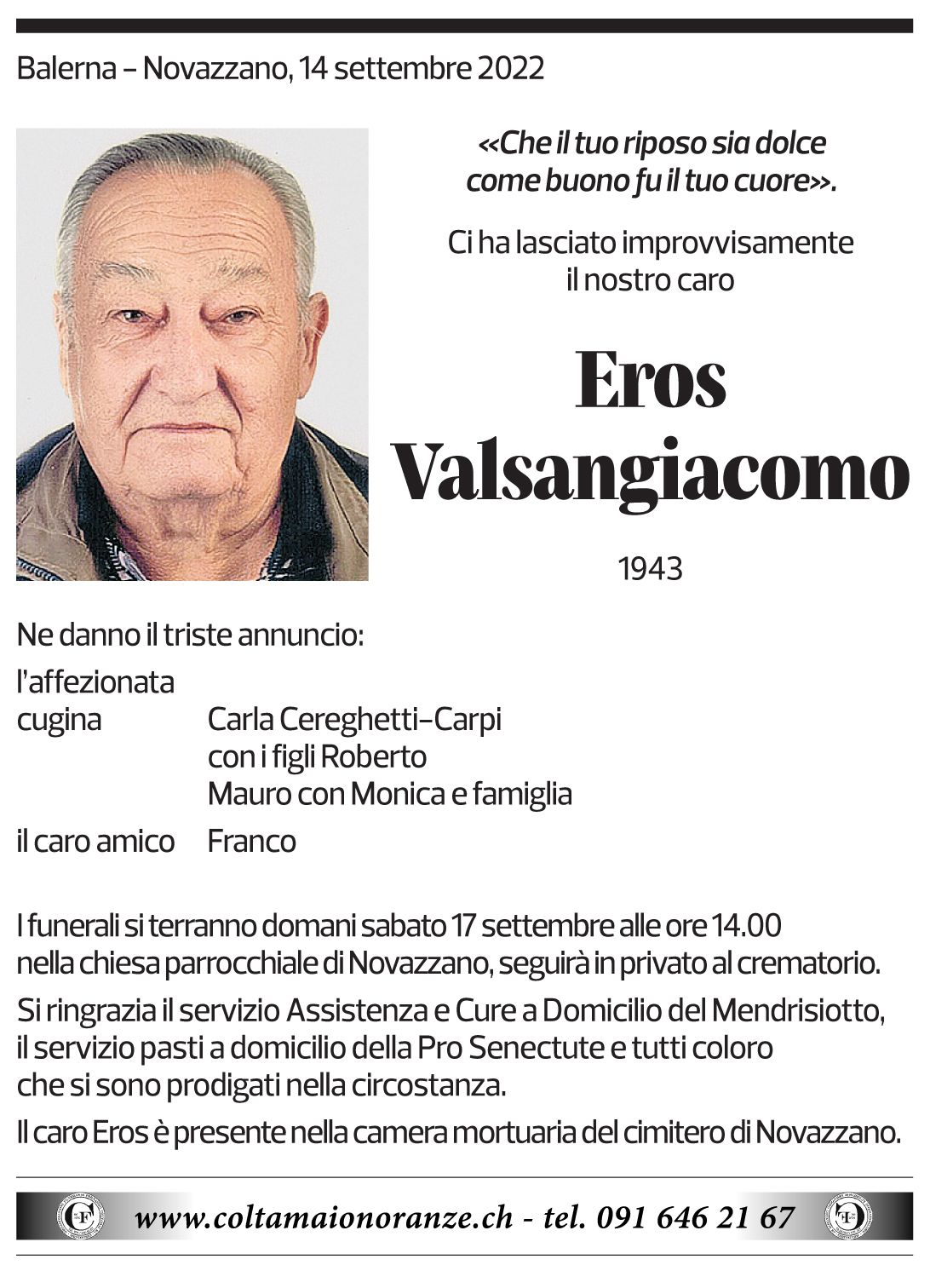 Annuncio funebre Eros Valsangiacomo