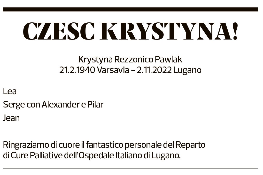 Annuncio funebre Krystyna Rezzonico Pawlak