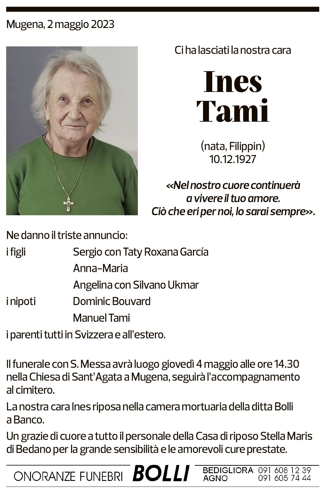 Annuncio funebre Ines Tami