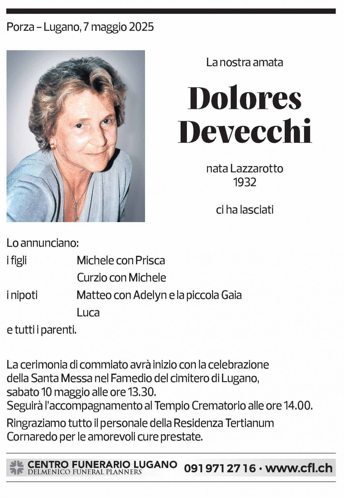 Annuncio funebre Dolores Devecchi