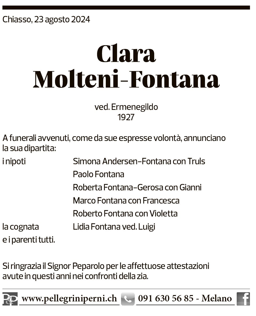 Annuncio funebre Clara Molteni-fontana