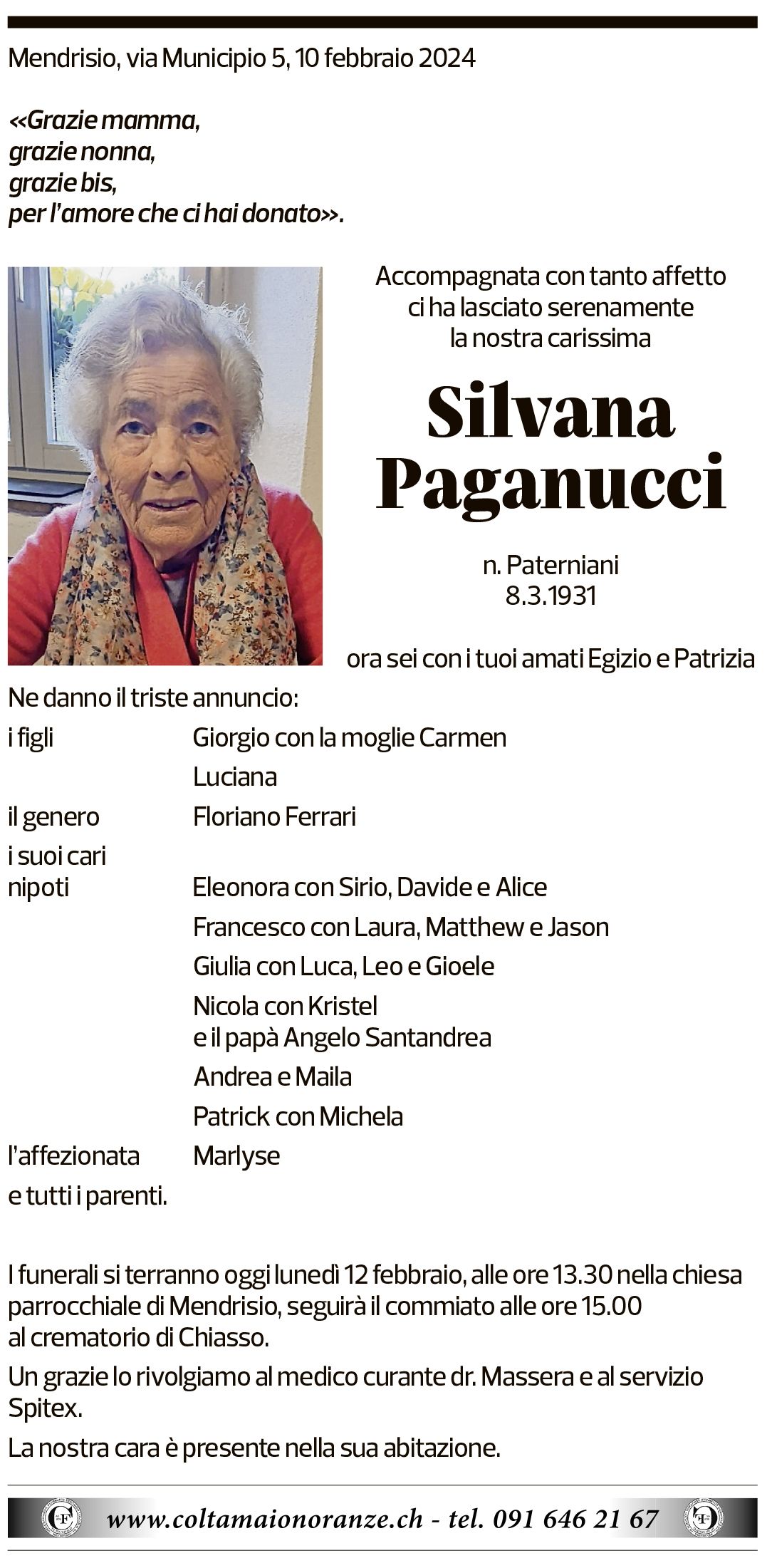 Annuncio funebre Silvana Paganucci