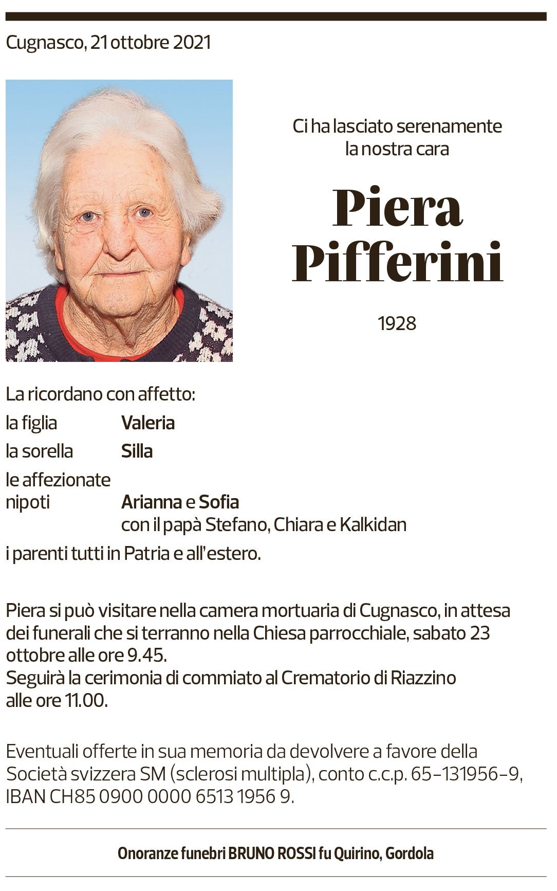 Annuncio funebre Piera Pifferini