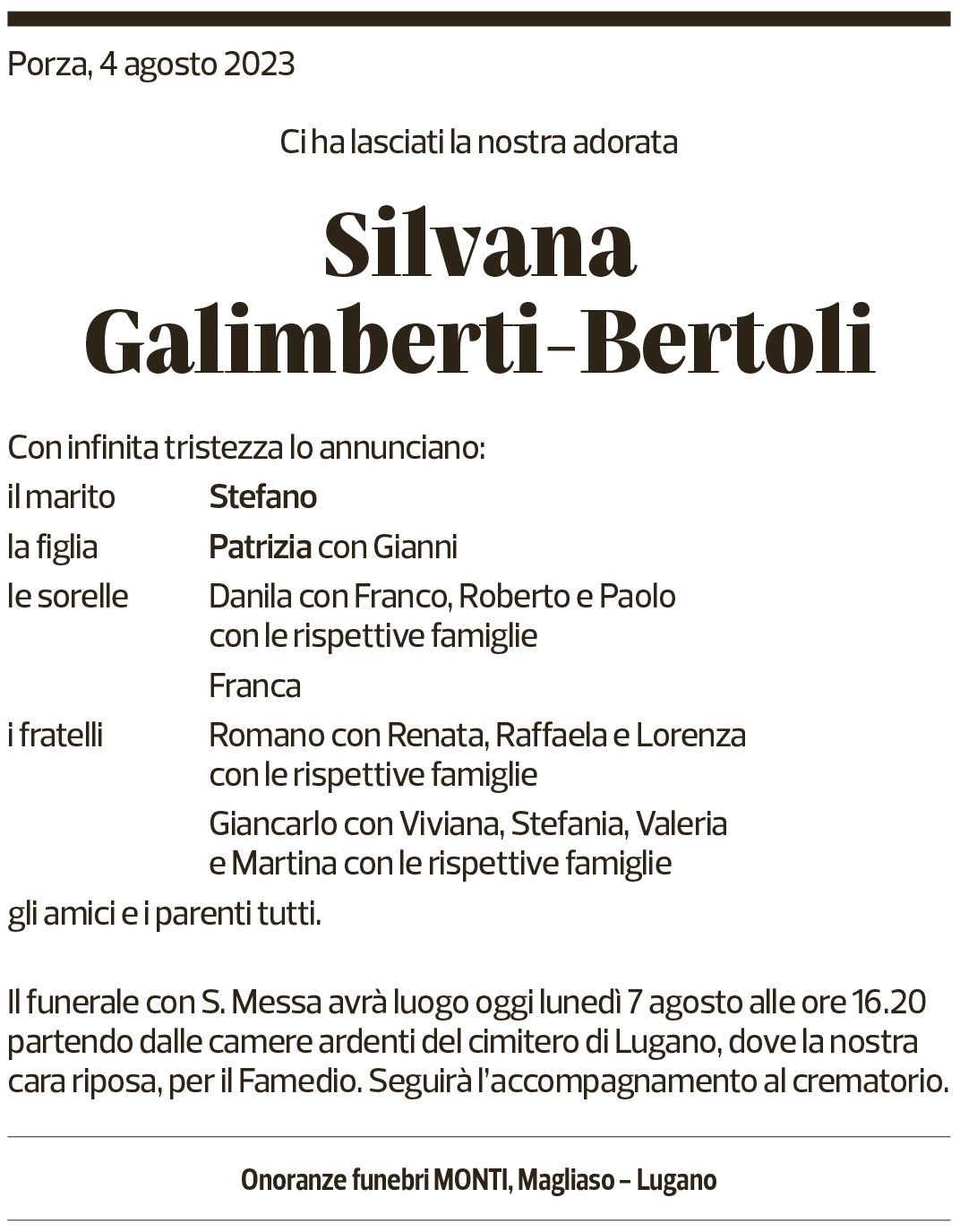 Annuncio funebre Silvana Galimberti-bertoli