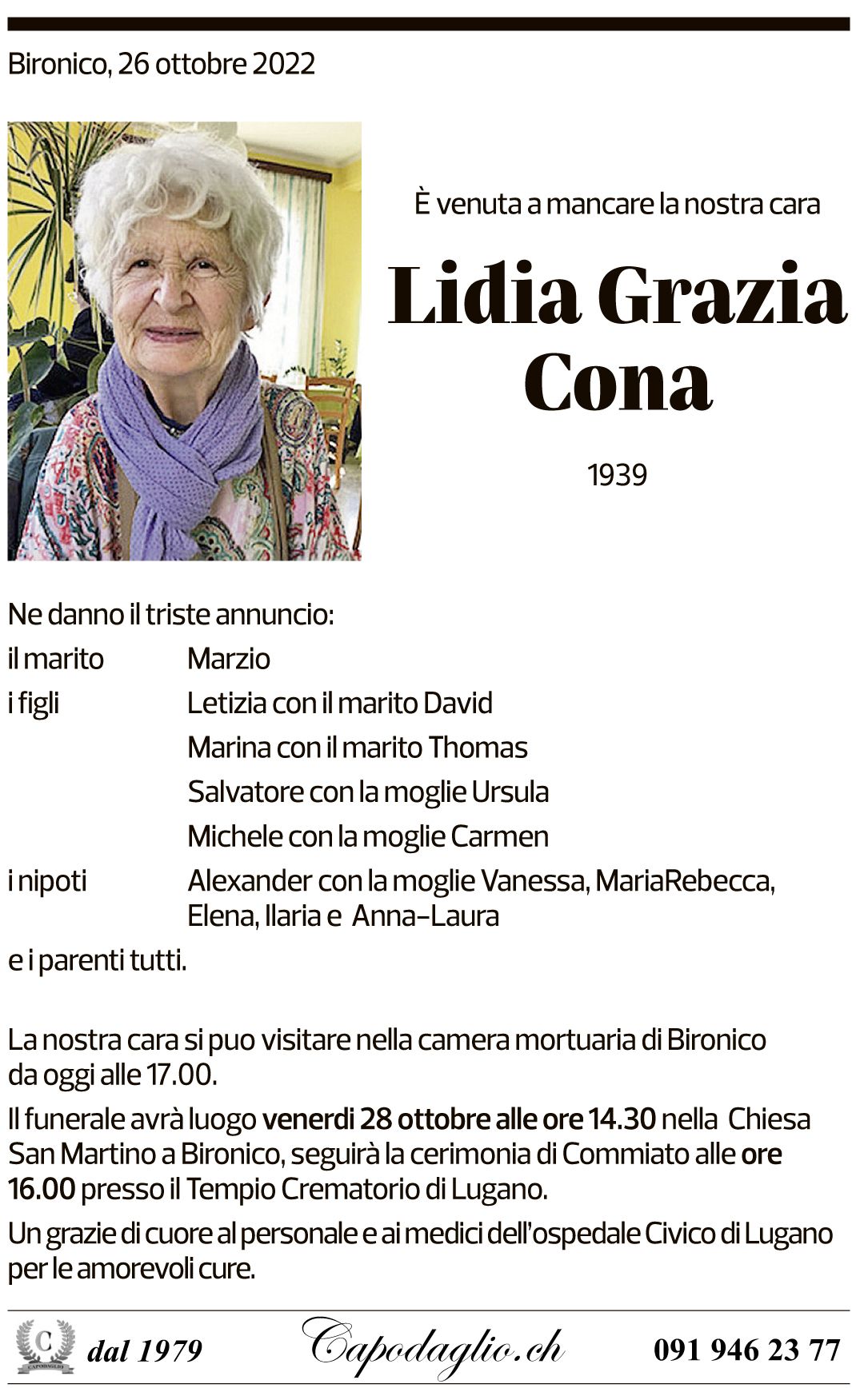 Annuncio funebre Lidia Grazia Cona