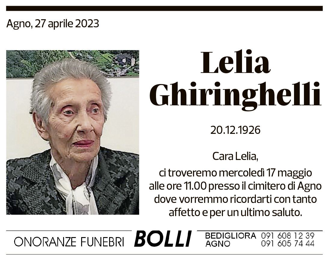 Annuncio funebre Lelia Ghiringhelli