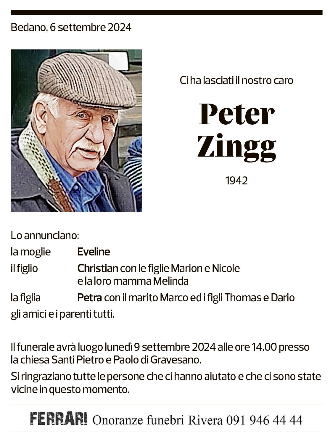 Annuncio funebre Peter Zingg