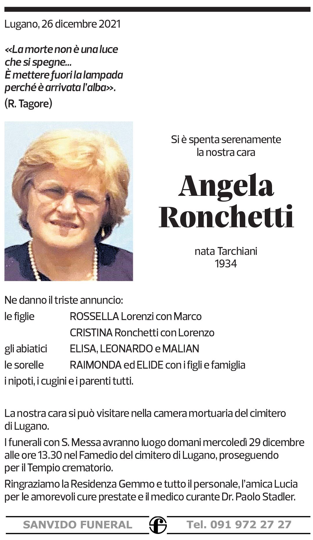 Annuncio funebre Angela Ronchetti