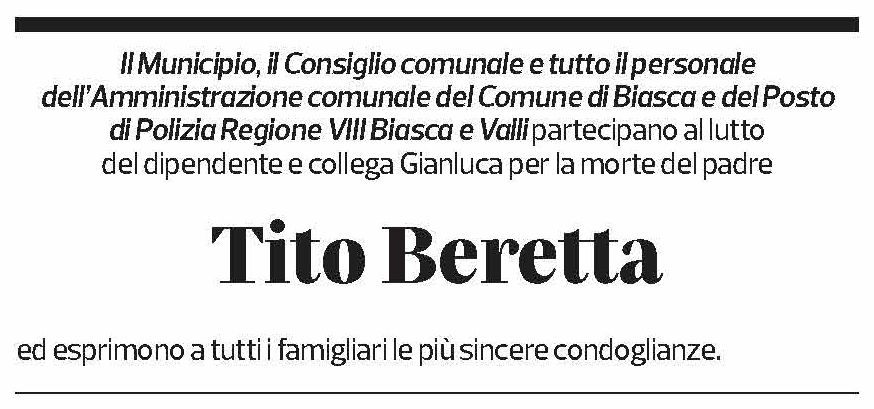 Annuncio funebre Tito Beretta