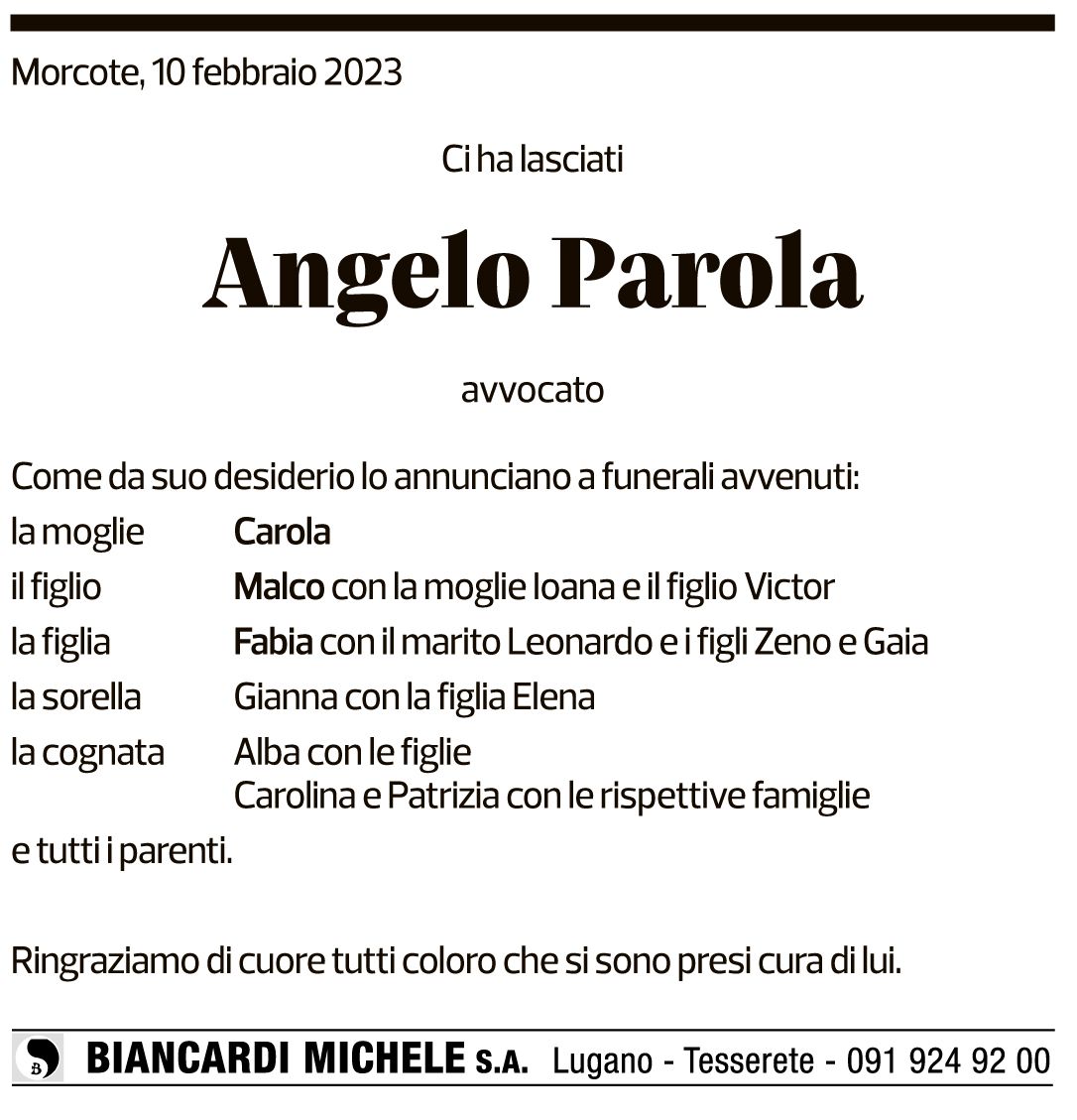 Annuncio funebre Angelo Parola