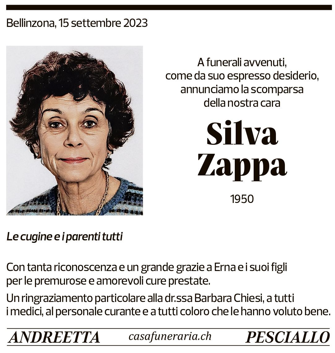 Annuncio funebre Silva Zappa