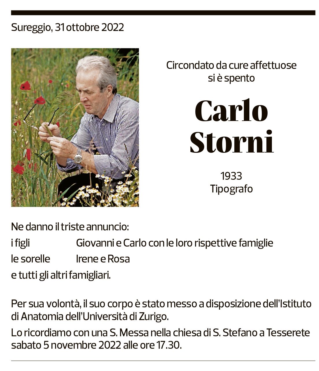 Annuncio funebre Carlo Storni