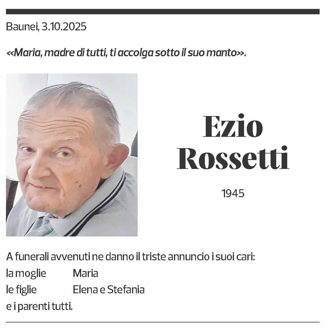 Annuncio funebre Ezio Rossetti