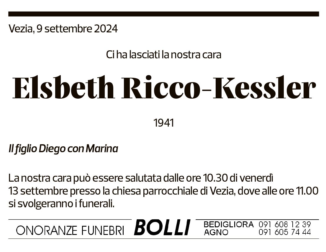 Annuncio funebre Elsbeth Ricco-kessler