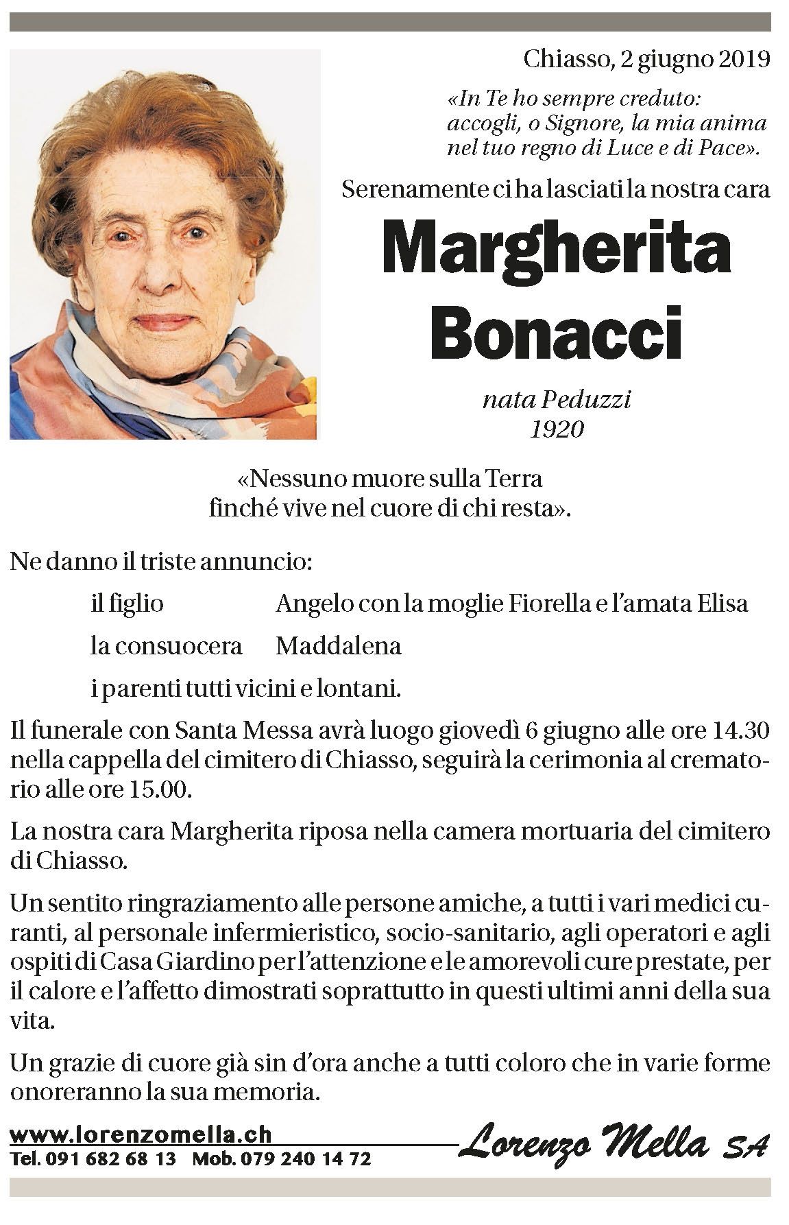Annuncio funebre Margherita Bonacci