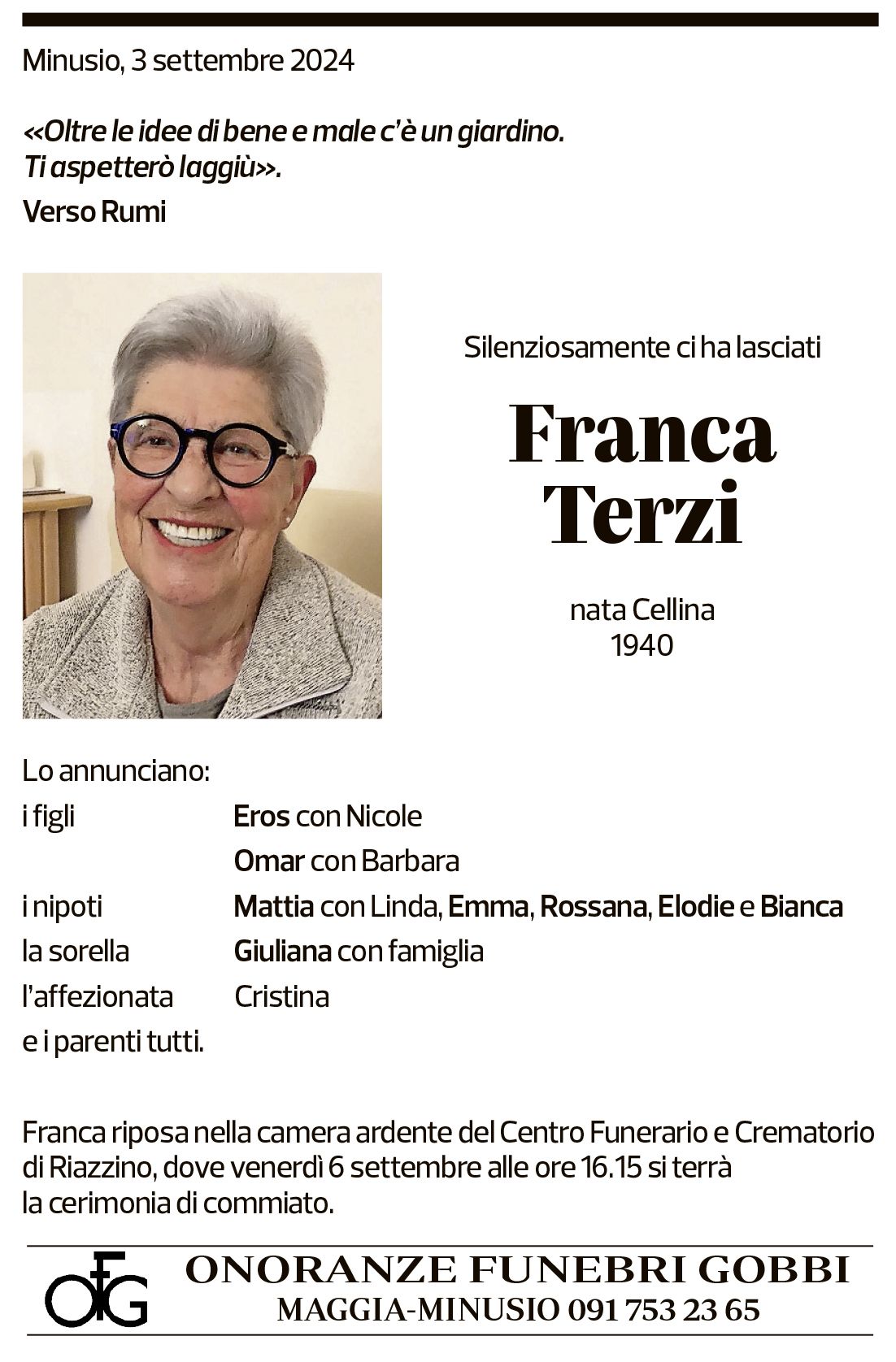 Annuncio funebre Franca Terzi