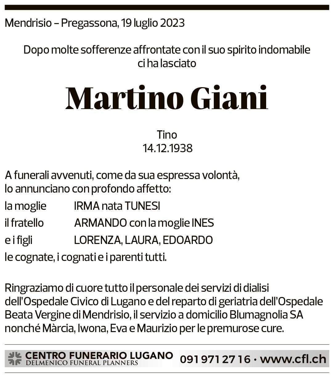 Annuncio funebre Martino Giani