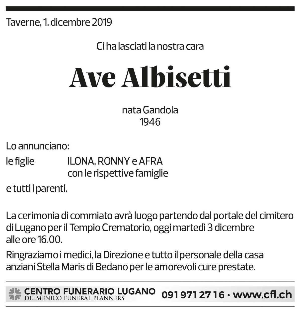 Annuncio funebre Ave Albisetti
