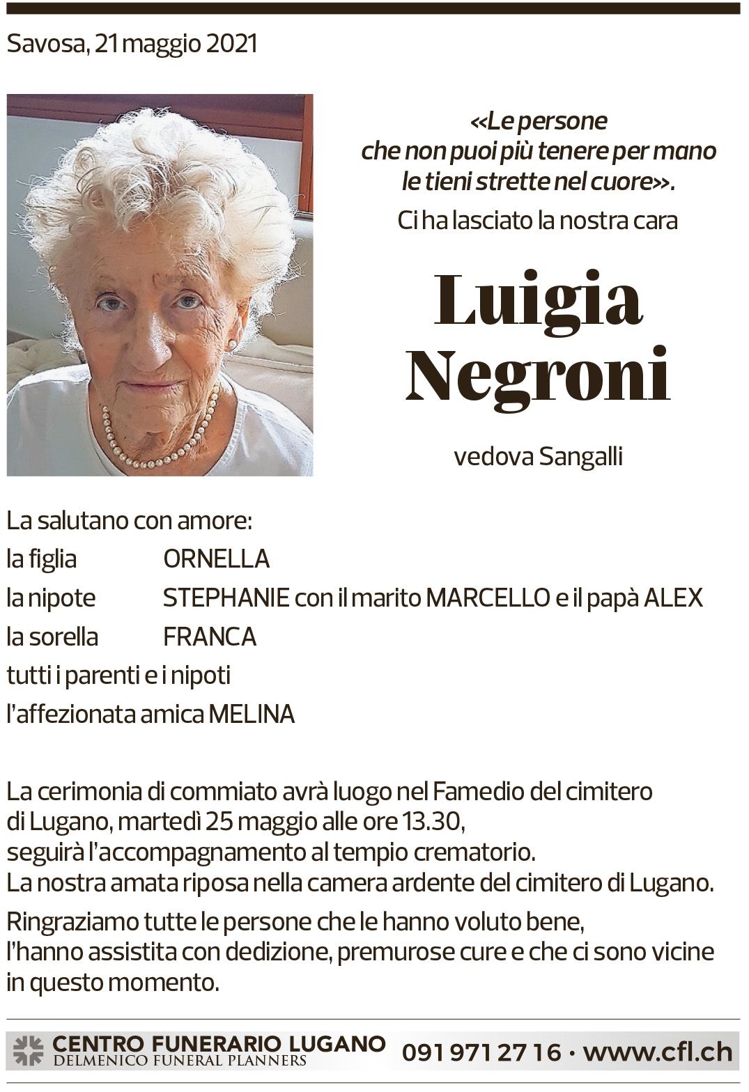 Annuncio funebre Luigia Negroni