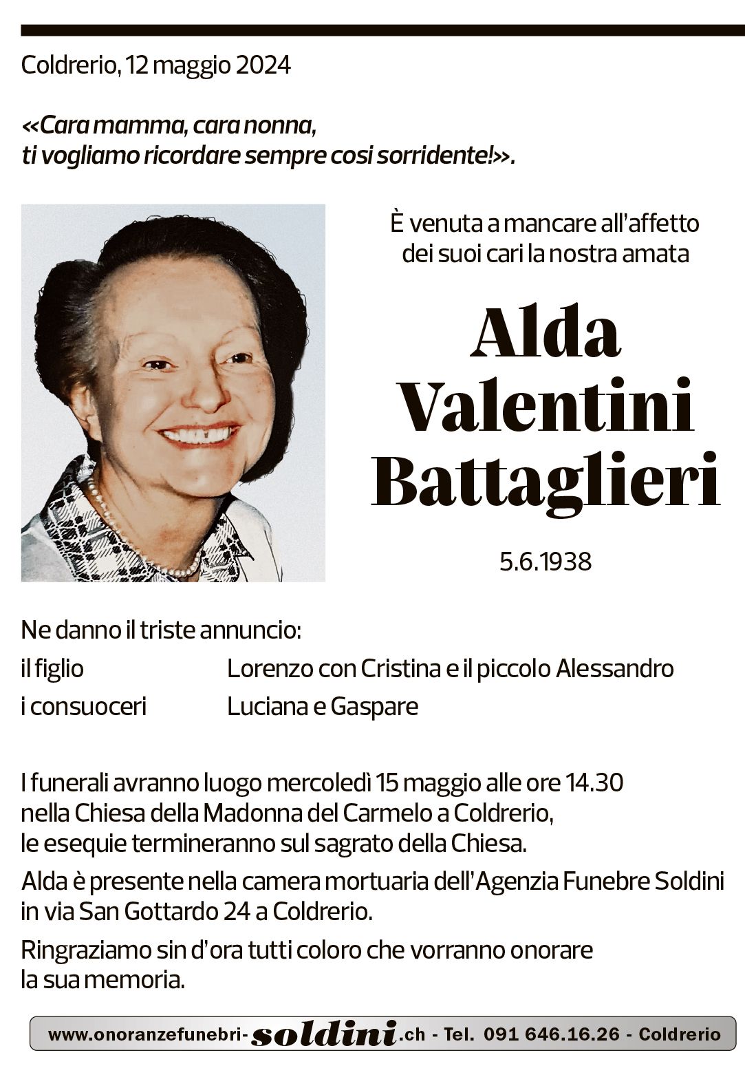 Annuncio funebre Alda Valentini Battaglieri