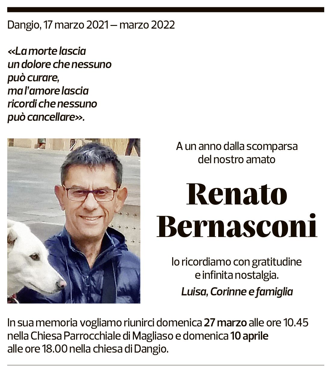 Annuncio funebre Renato Bernasconi