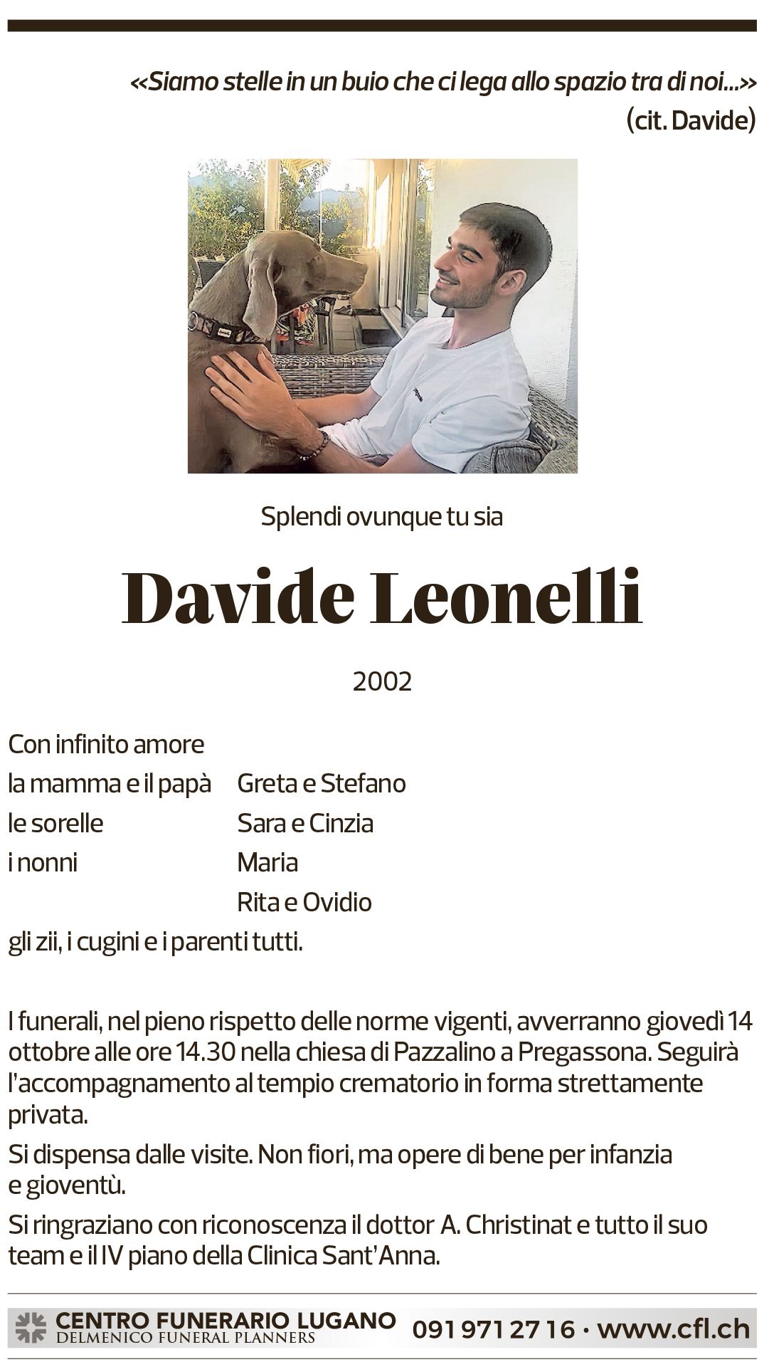 Annuncio funebre Davide Leonelli