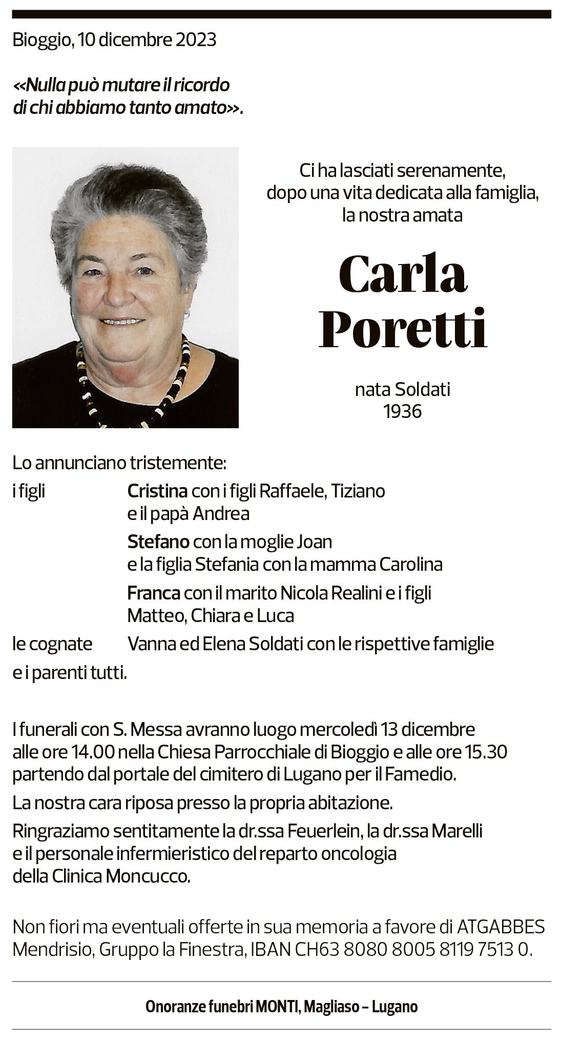 Annuncio funebre Carla Poretti