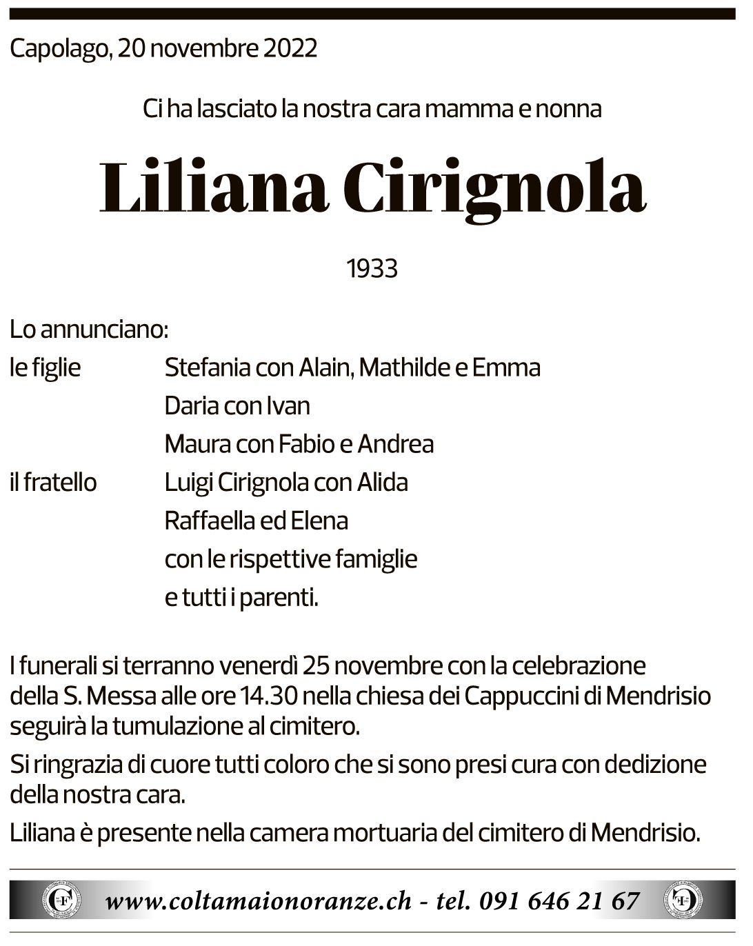 Annuncio funebre Liliana Cirignola