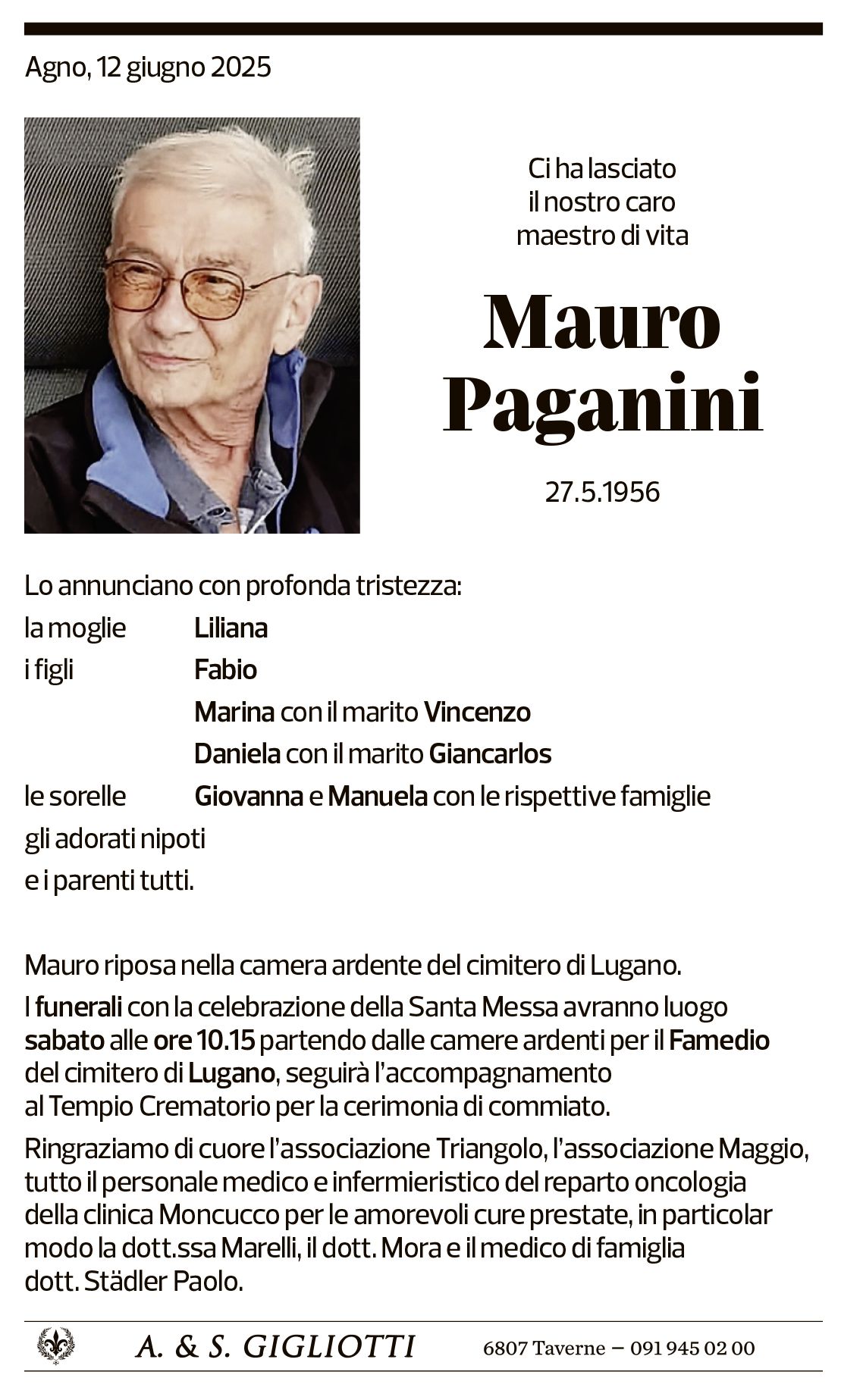 Annuncio funebre Mauro Paganini