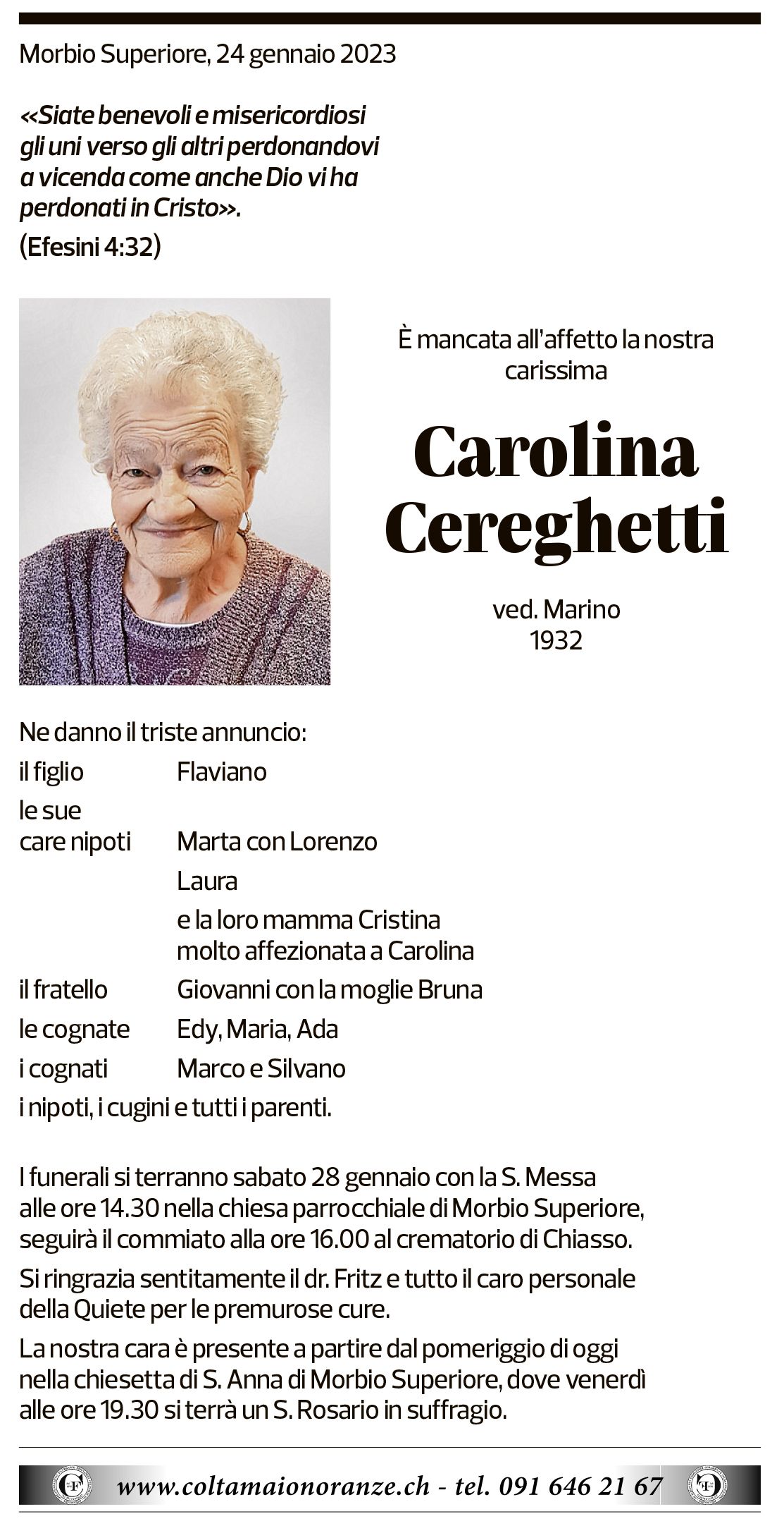 Annuncio funebre Carolina Cereghetti