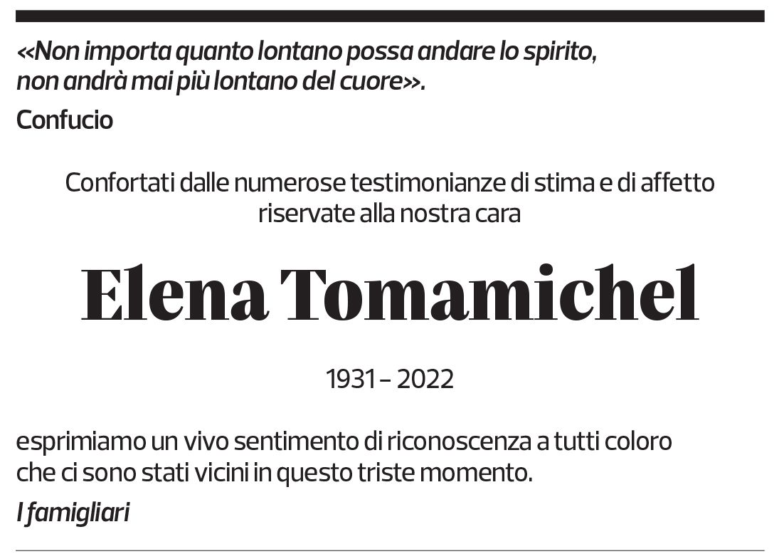 Annuncio funebre Elena Tomamichel