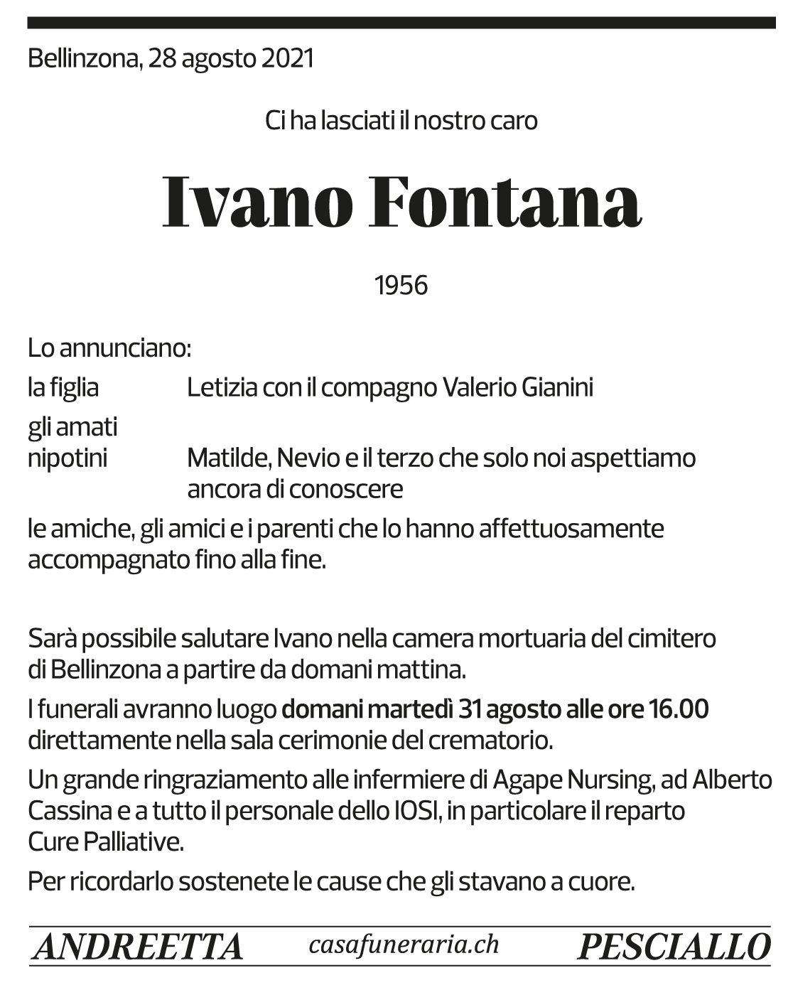 Annuncio funebre Ivano Fontana