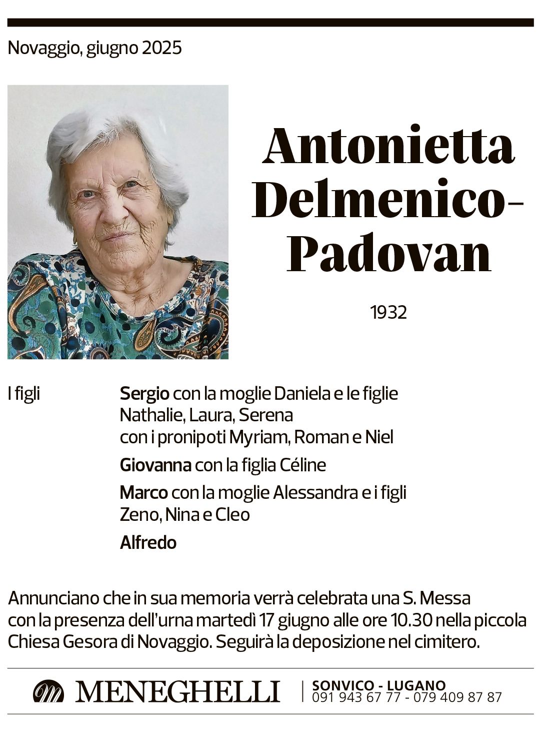Annuncio funebre Antonietta Delmenico-padovan