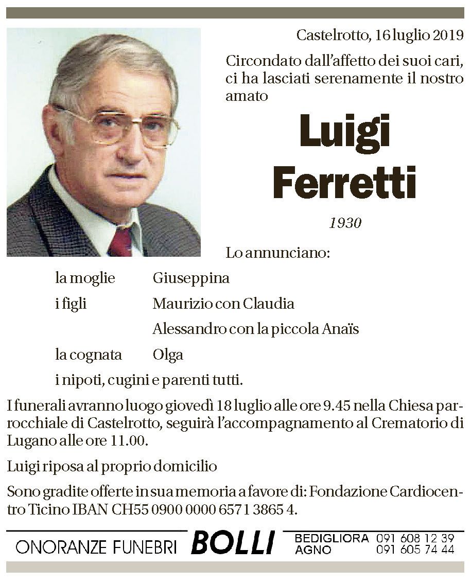 Annuncio funebre Luigi Ferretti