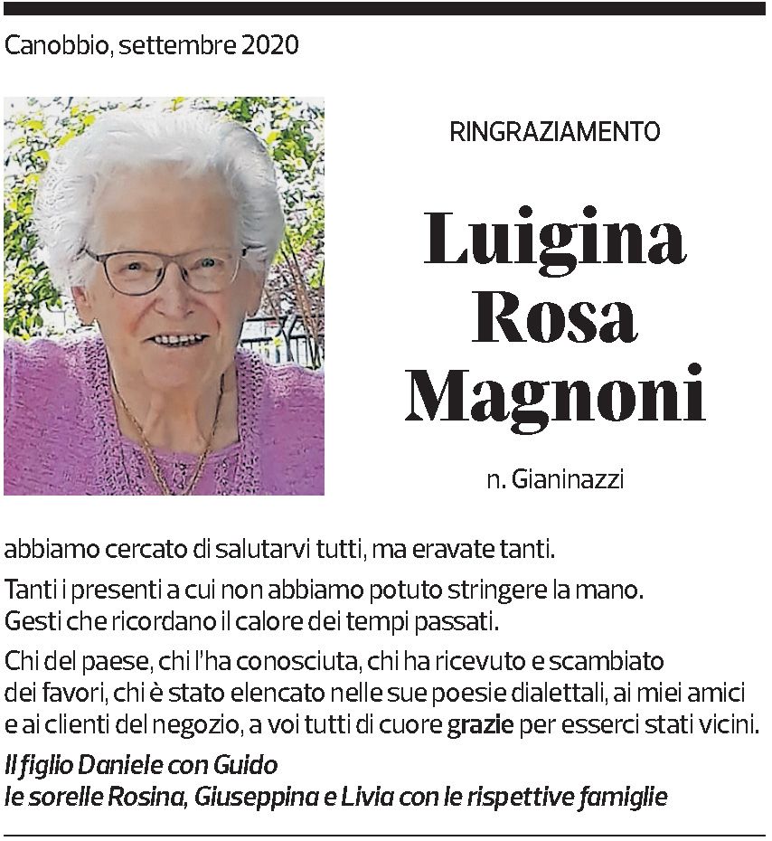 Annuncio funebre Luigina Rosa Magnoni