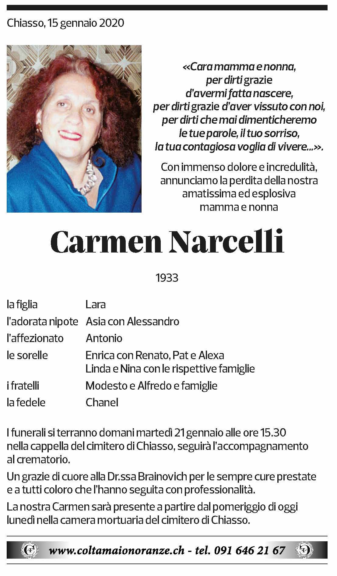 Annuncio funebre Carmen Narcelli