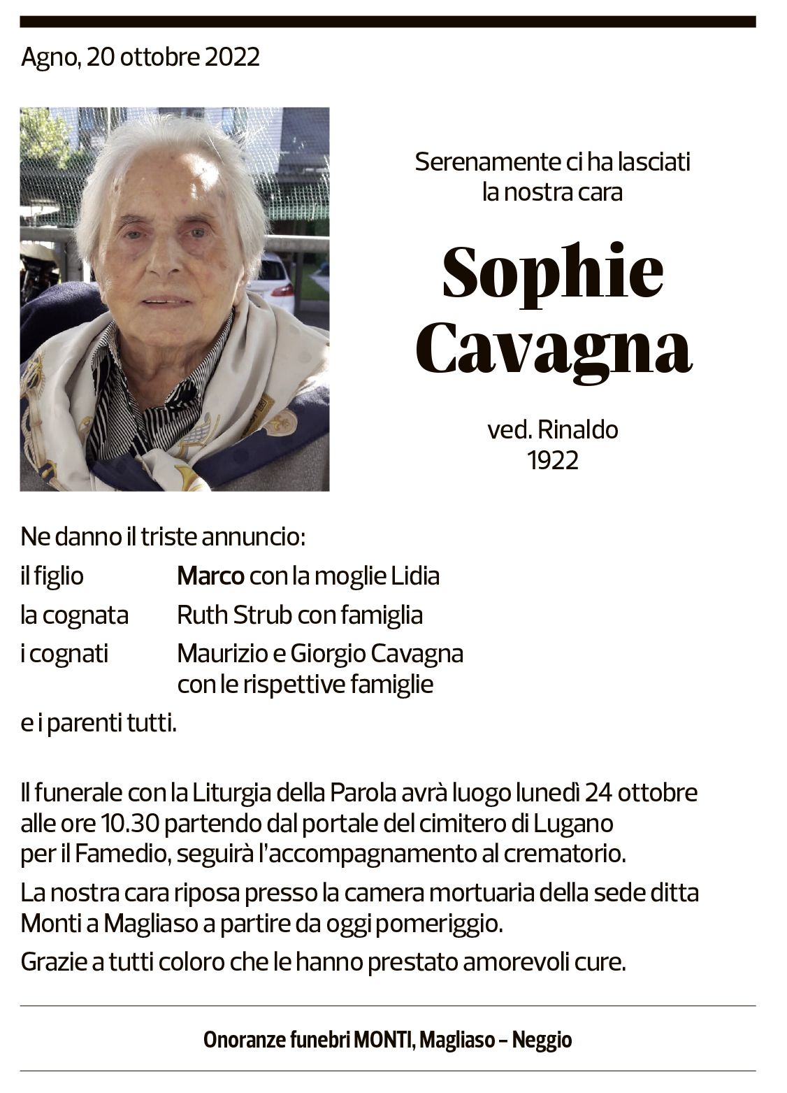 Annuncio funebre Sophie Cavagna