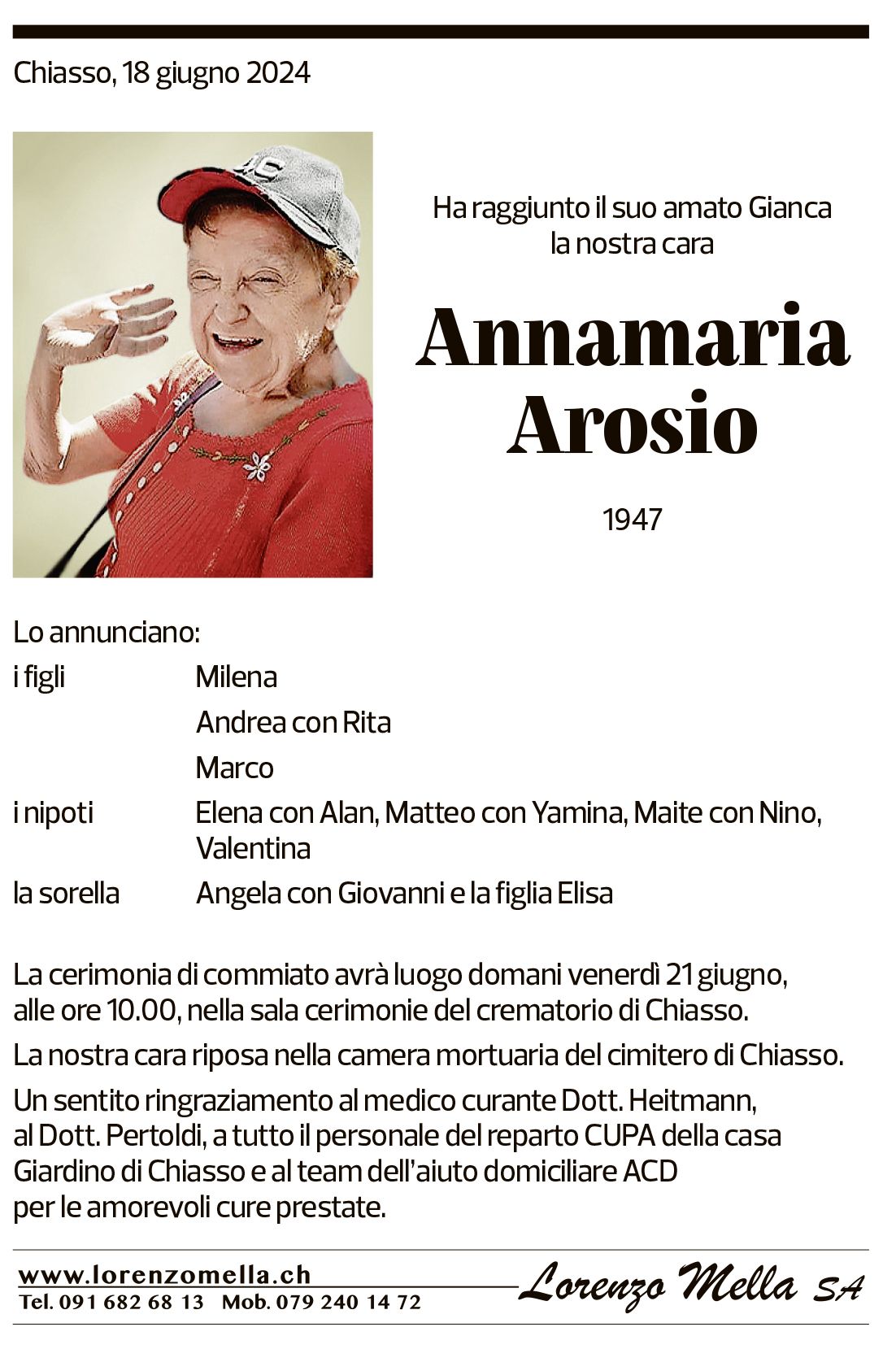 Annuncio funebre Annamaria Arosio