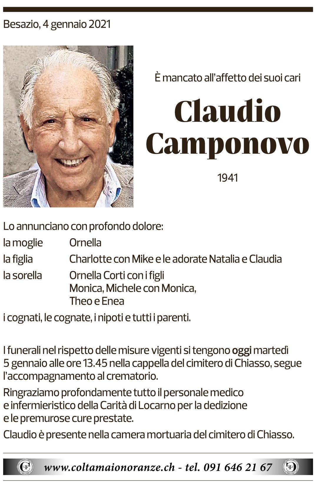 Annuncio funebre Claudio Camponovo