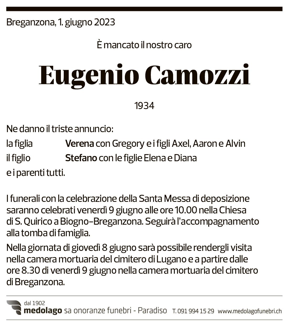 Annuncio funebre Eugenio Camozzi