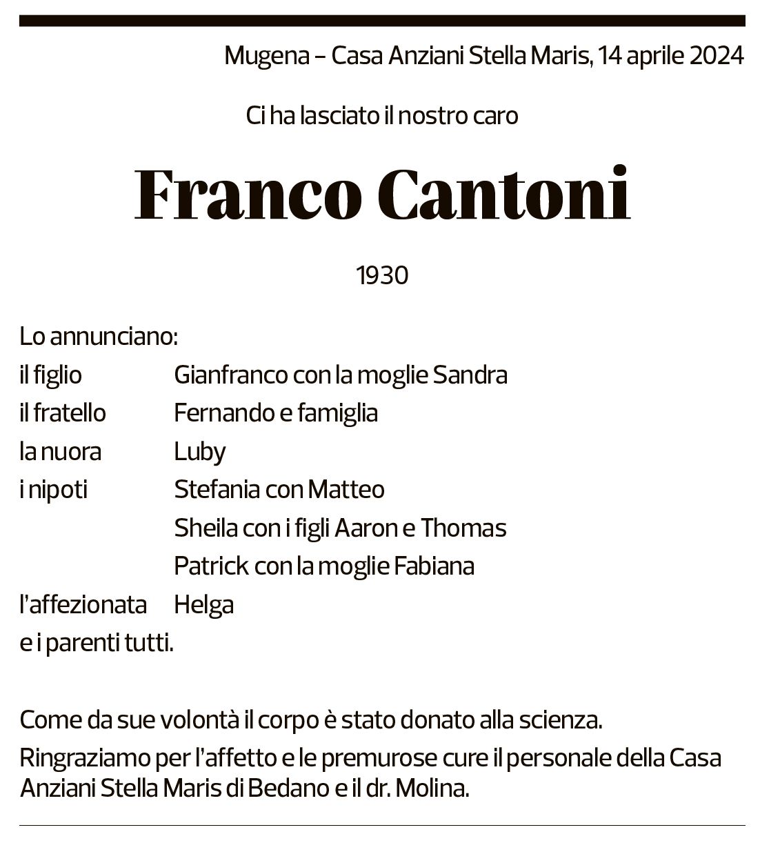 Annuncio funebre Franco Cantoni