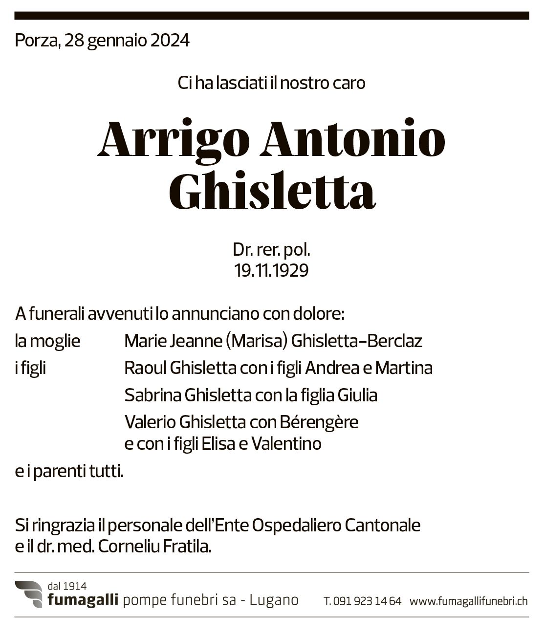 Annuncio funebre Arrigo Antonio Ghisletta