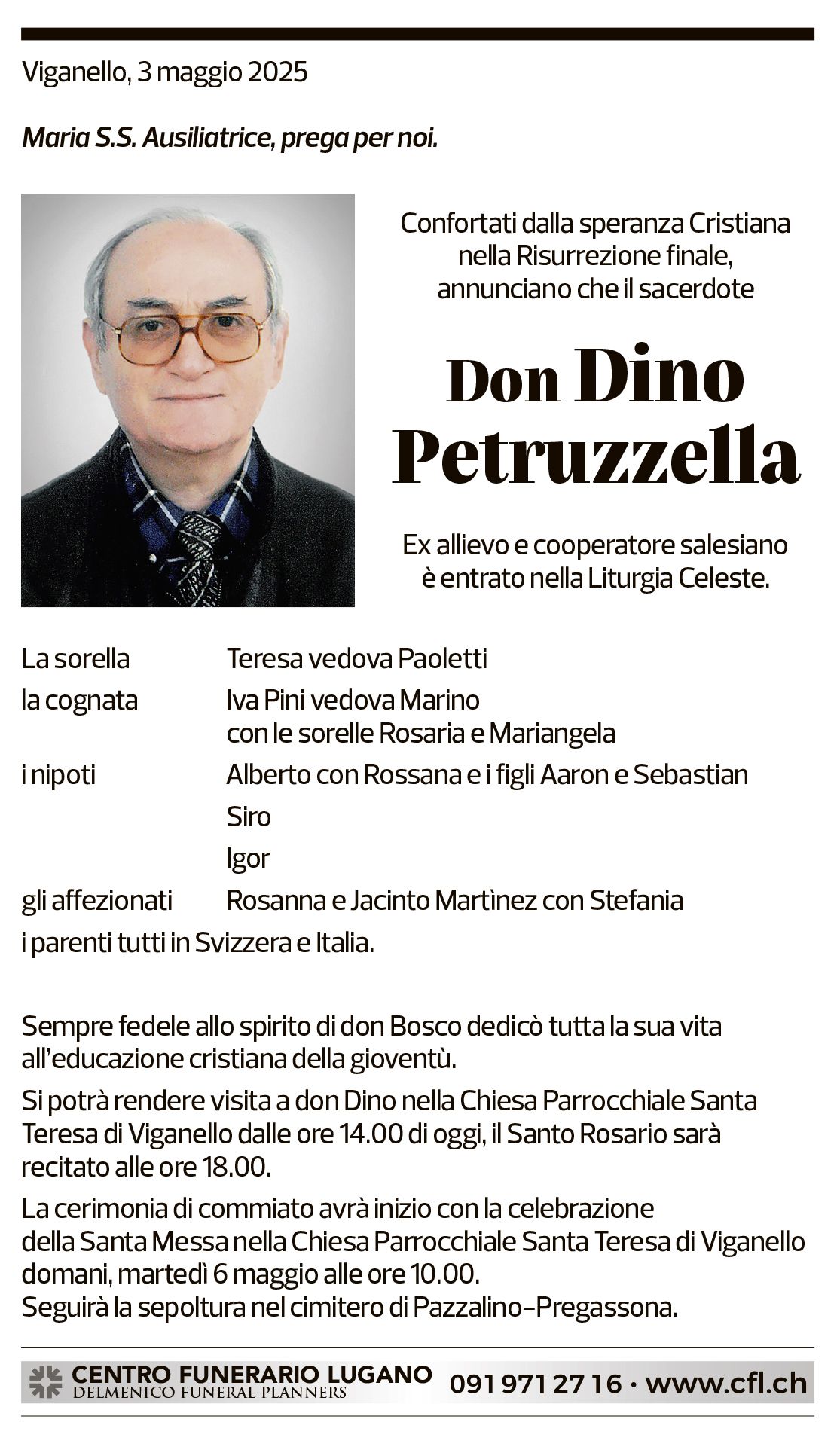 Annuncio funebre Dino Petruzzella