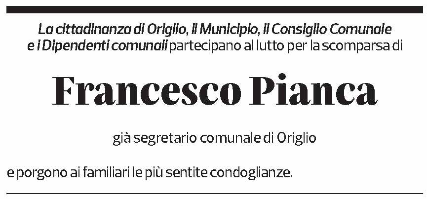 Annuncio funebre Francesco Pianca